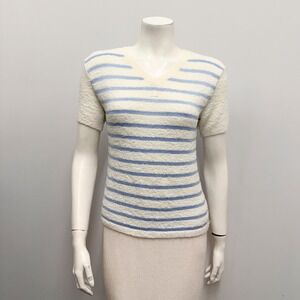 Courreges Paris V Neck Top Off White & Blue Stripes Boiled Terry Cloth Feel L SM